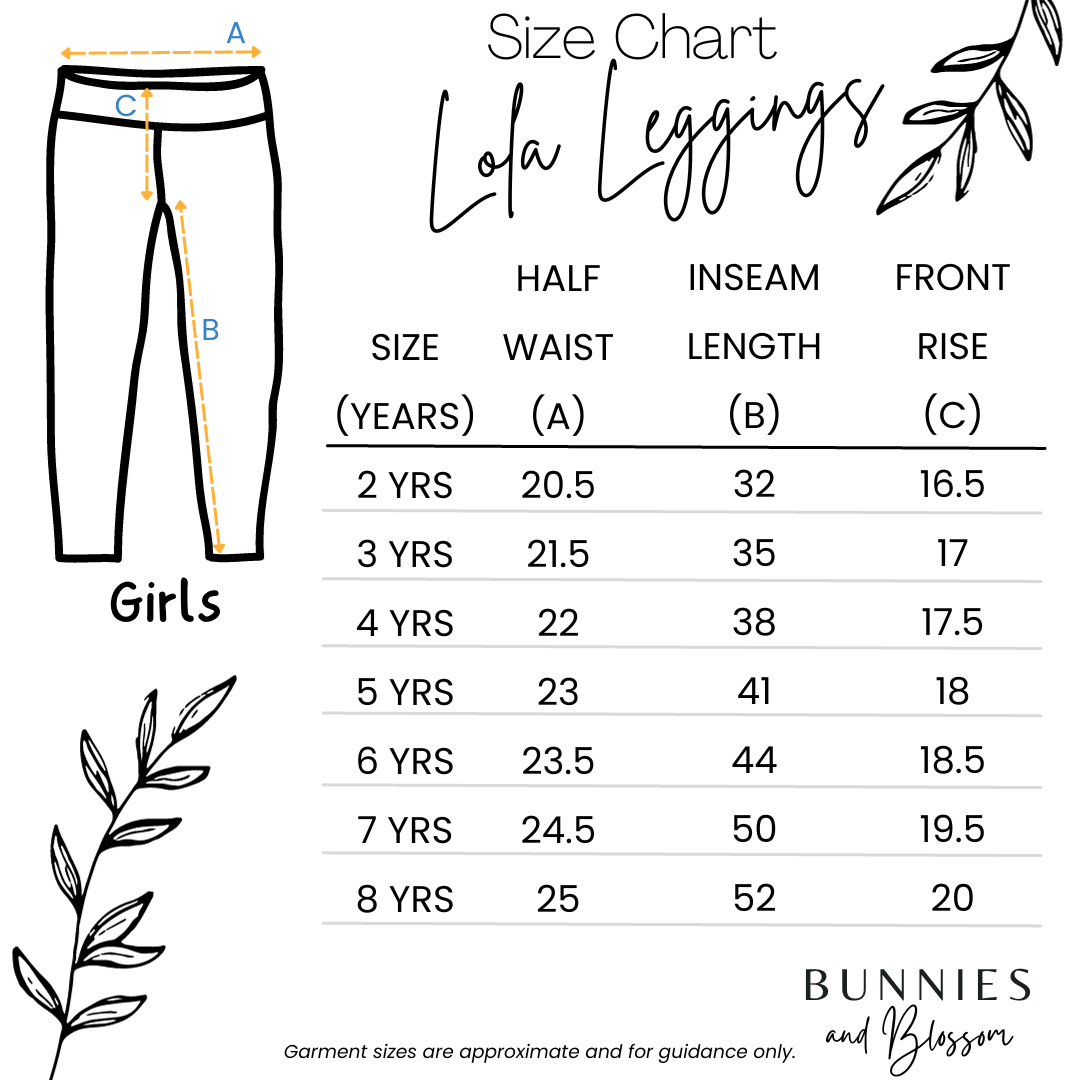 Bunnies and Blossom kids lola leggings size chart