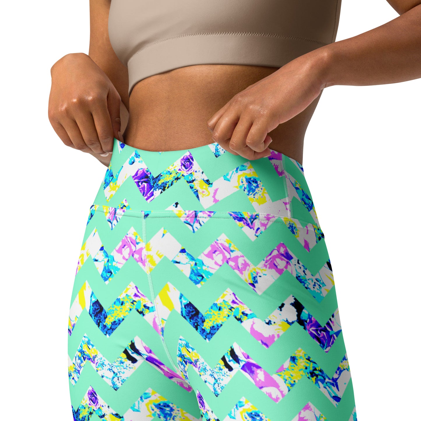 close up of aqua bloom chevron ladies yoga leggings