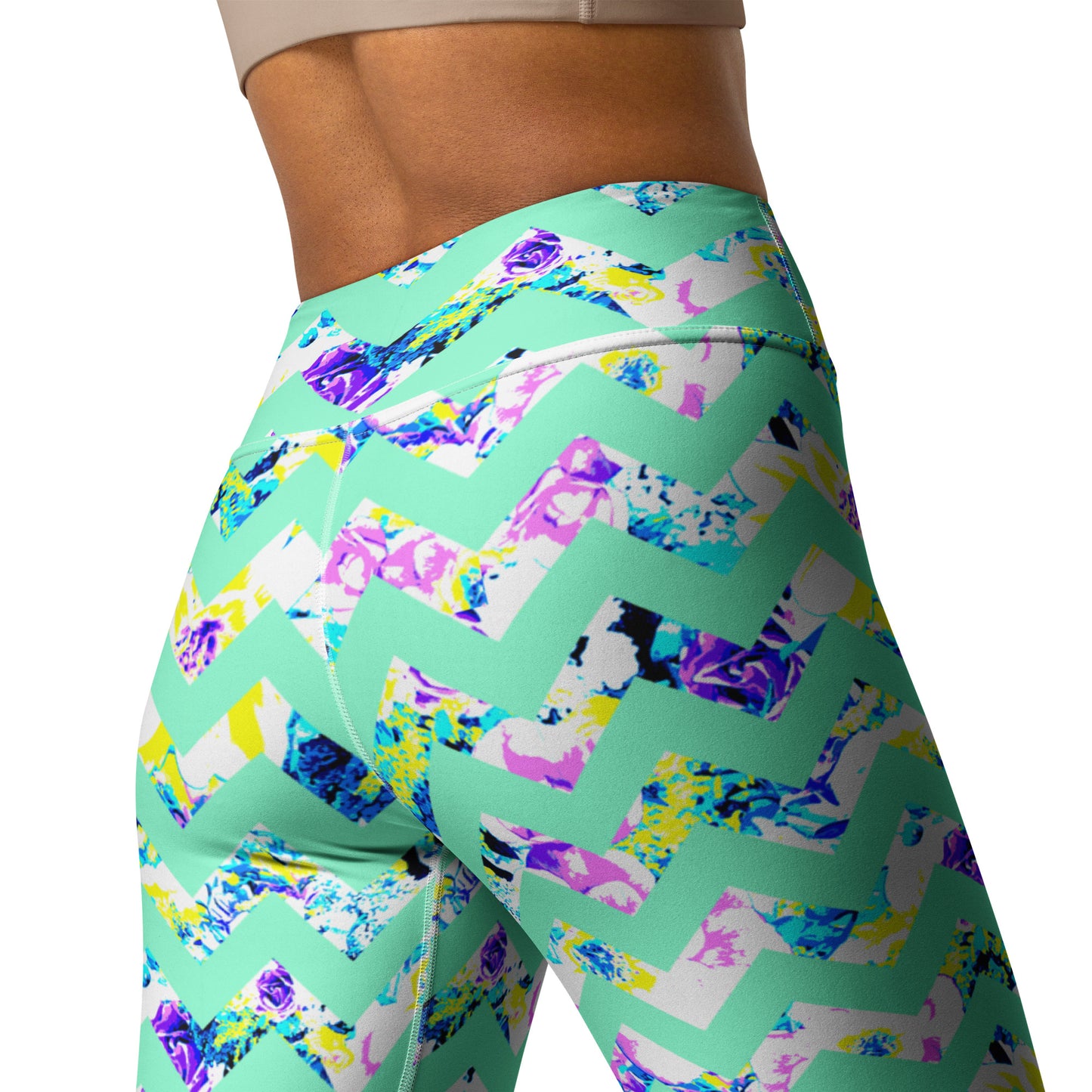 close up of printed ladies leggings showing Bunnies and Blossom floral print