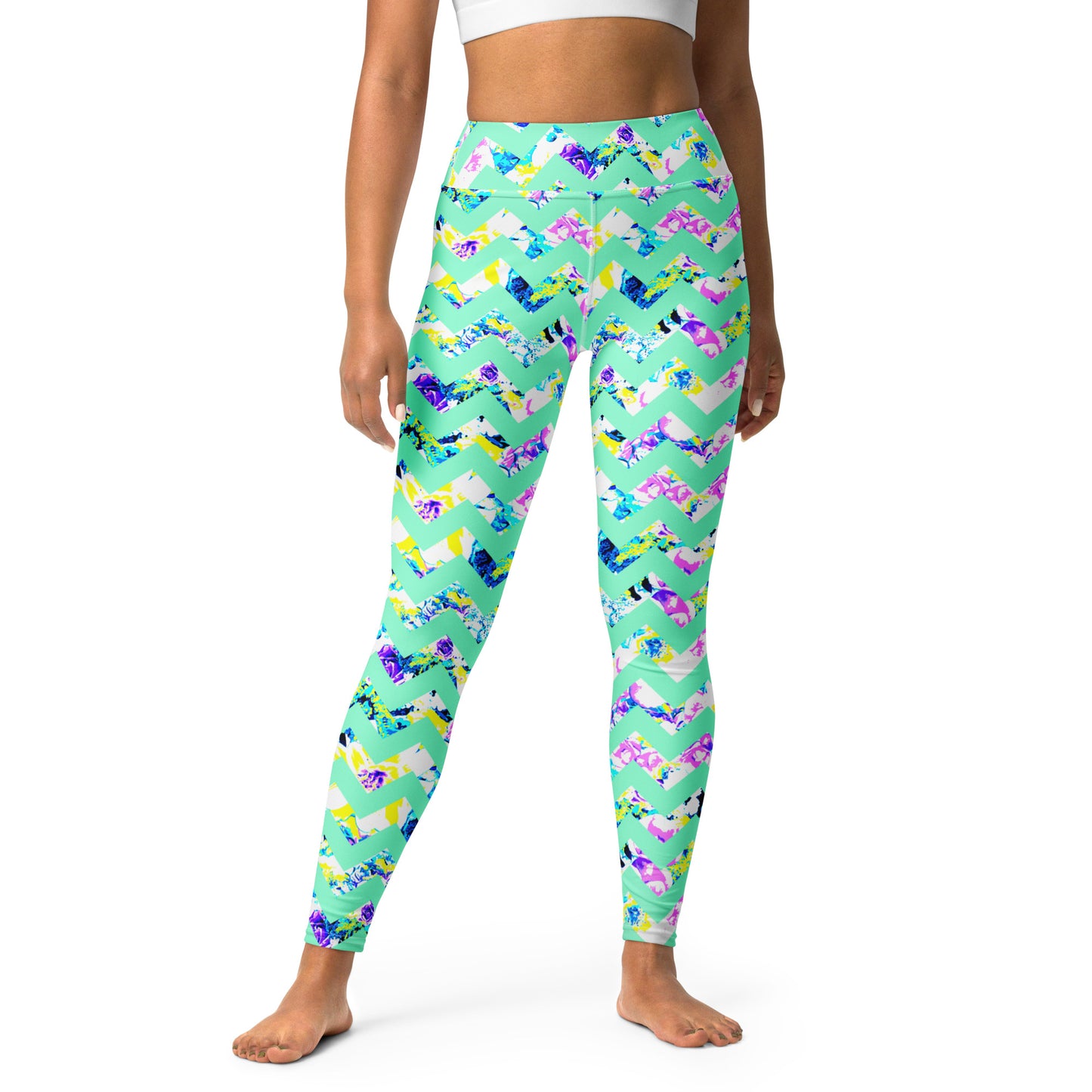 ladies printed floral leggings in Bunnies and Blossom Aqua Bloom Chevron print