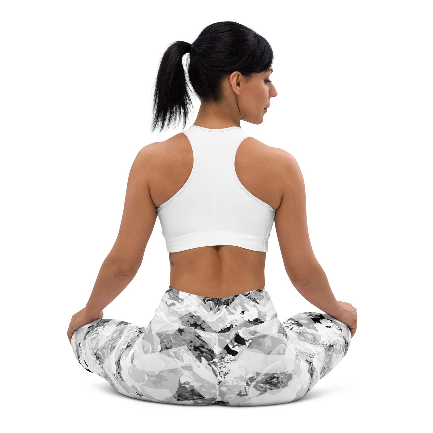 back view yoga pose showing ladies floral printed leggings by Bunnies and Blossom