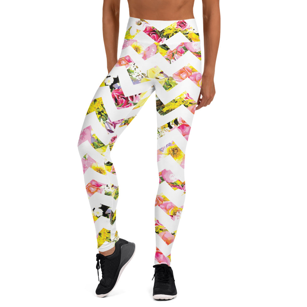 front view of printed ladies leggings in perfect bloom chevron print