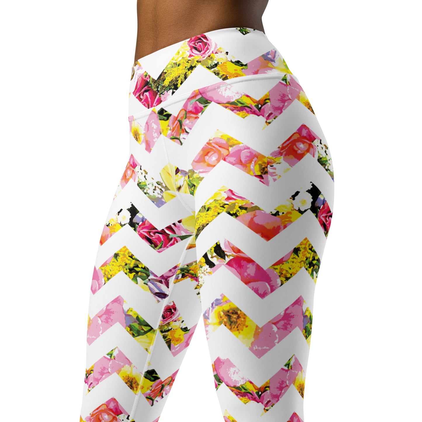 close up view of printed ladies leggings in perfect bloom chevron print