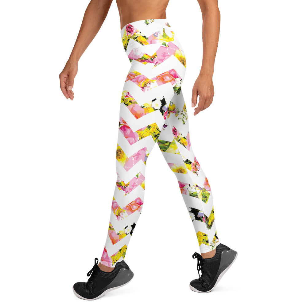 side view of printed ladies leggings in perfect bloom chevron print