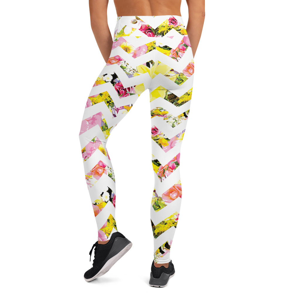 back view of printed ladies leggings in perfect bloom chevron print