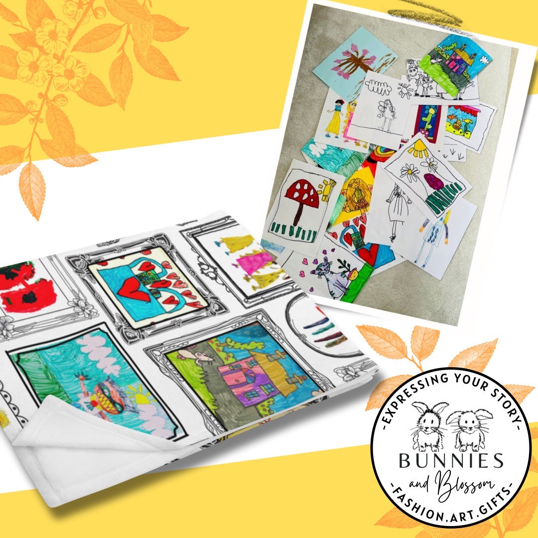 Personalised art gallery throw blanket showcasing children's artwork