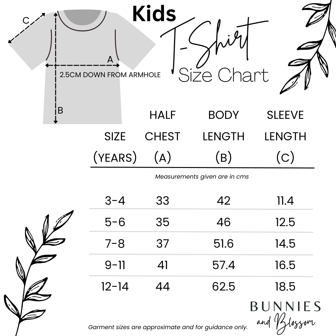 bunnies and blossom personalised kids tee size chart