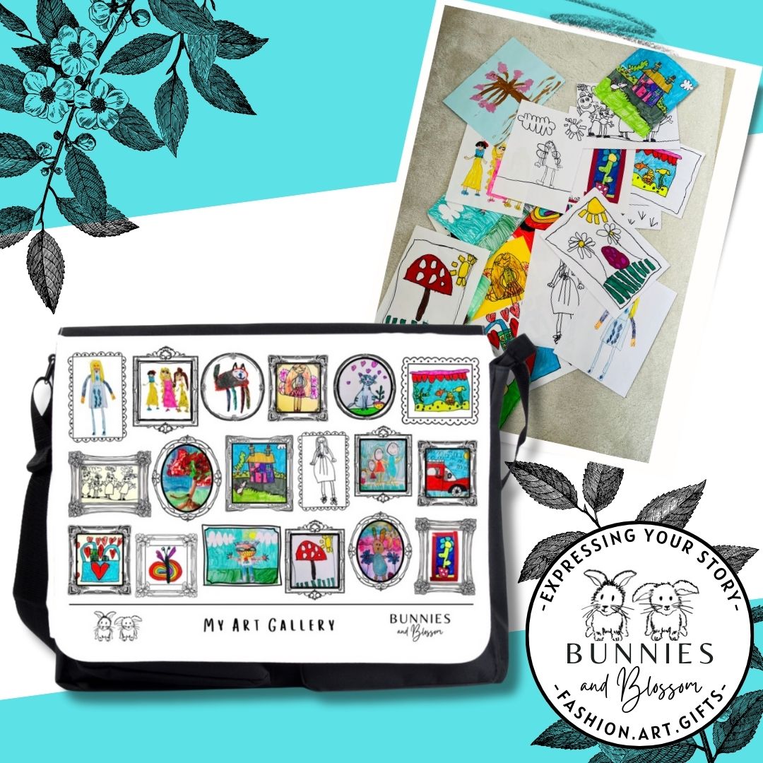 Personalised messenger bag with child’s artwork, perfect for school or work