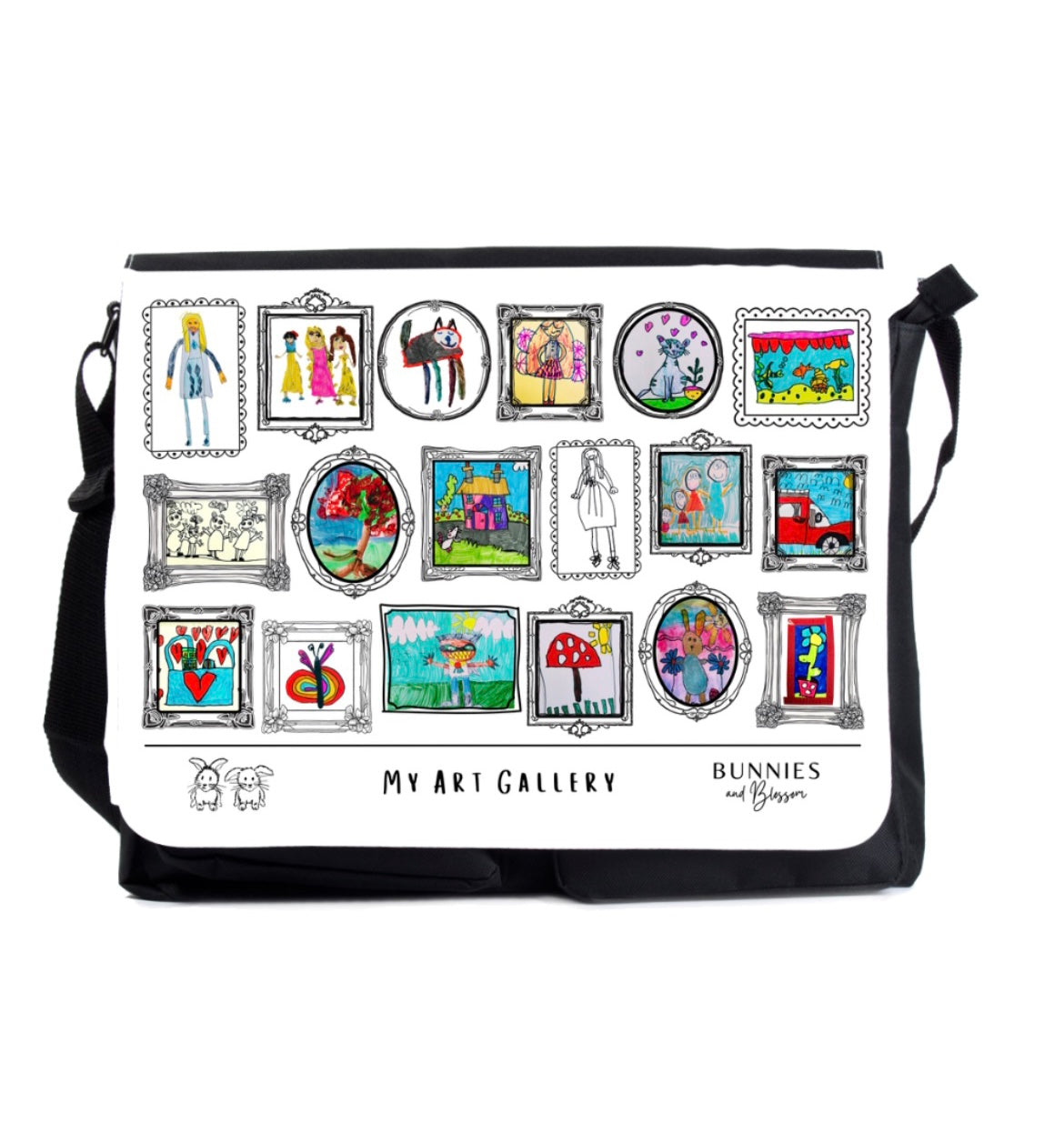 Designed By You messenger bag with removable panel printed with child’s artwork.