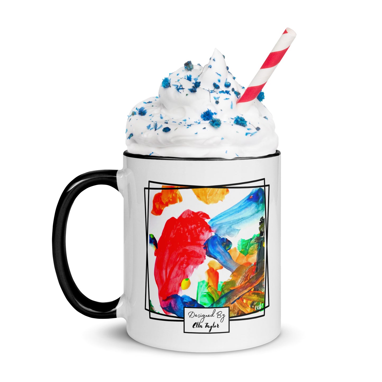 personalised mug featuring children's artwork with black handle and inside
