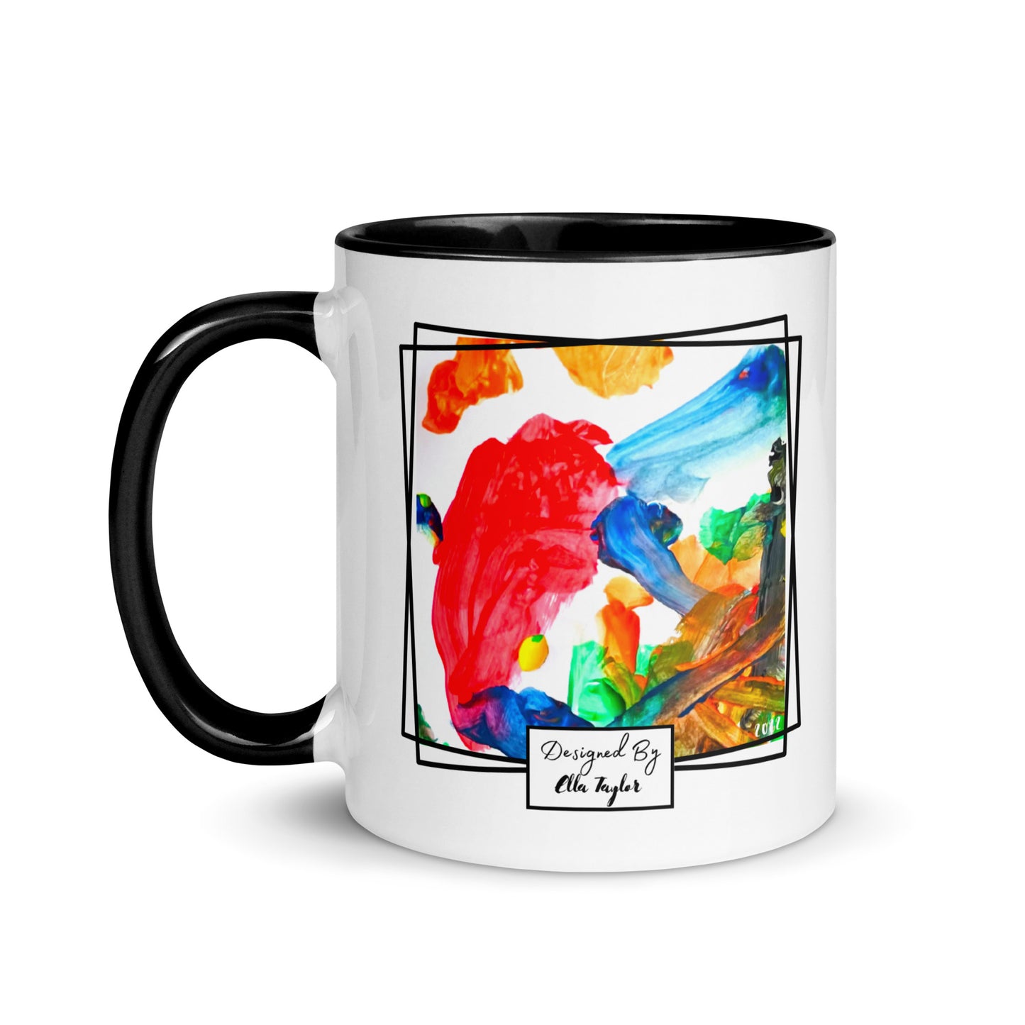 Personalised mug printed with childs artwork, white mug with black handle and black inside