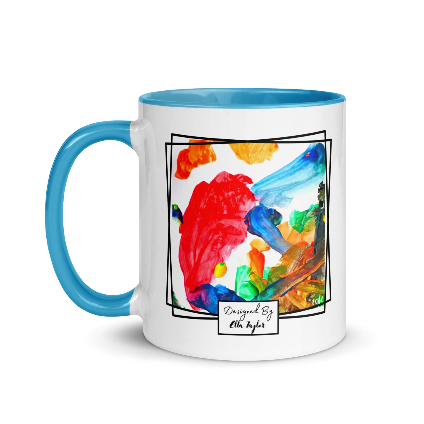 Personalised mug printed with childs artwork, white mug with blue handle and blue inside