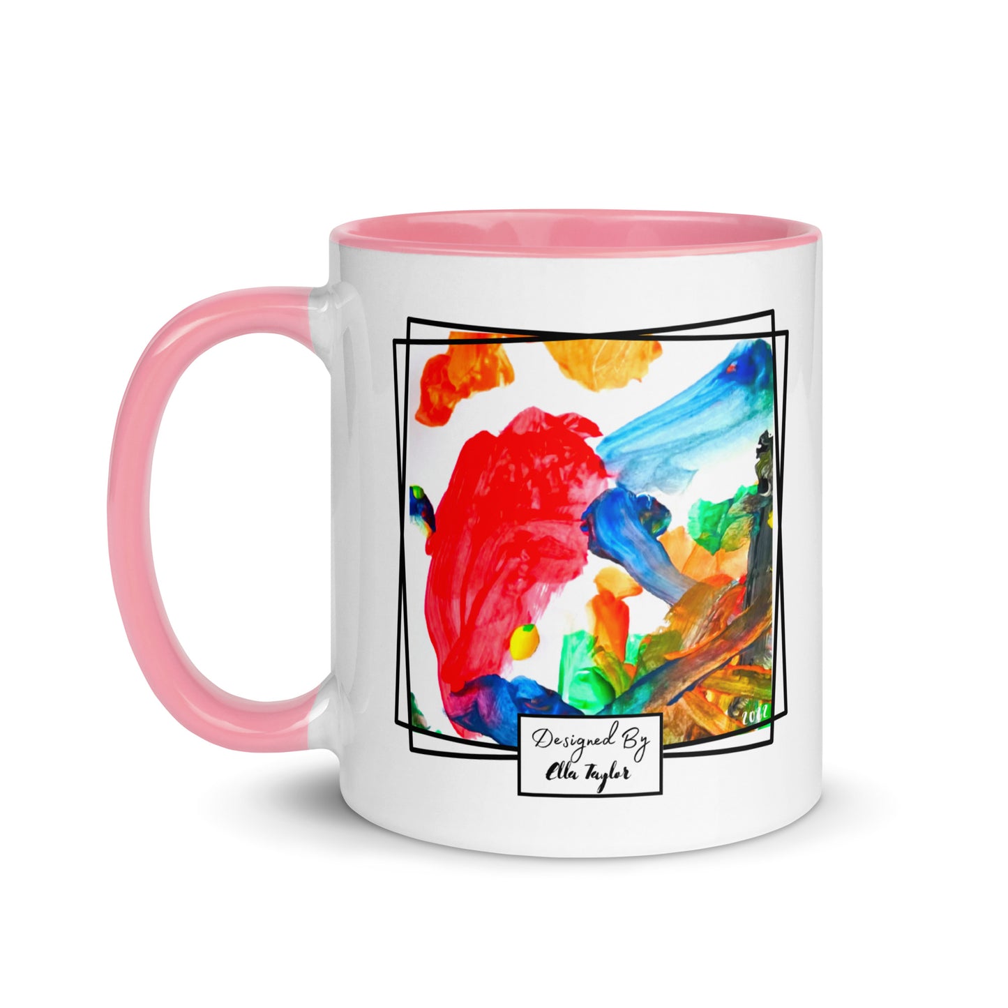 Personalised mug printed with childs artwork, white mug with pink handle and pink inside