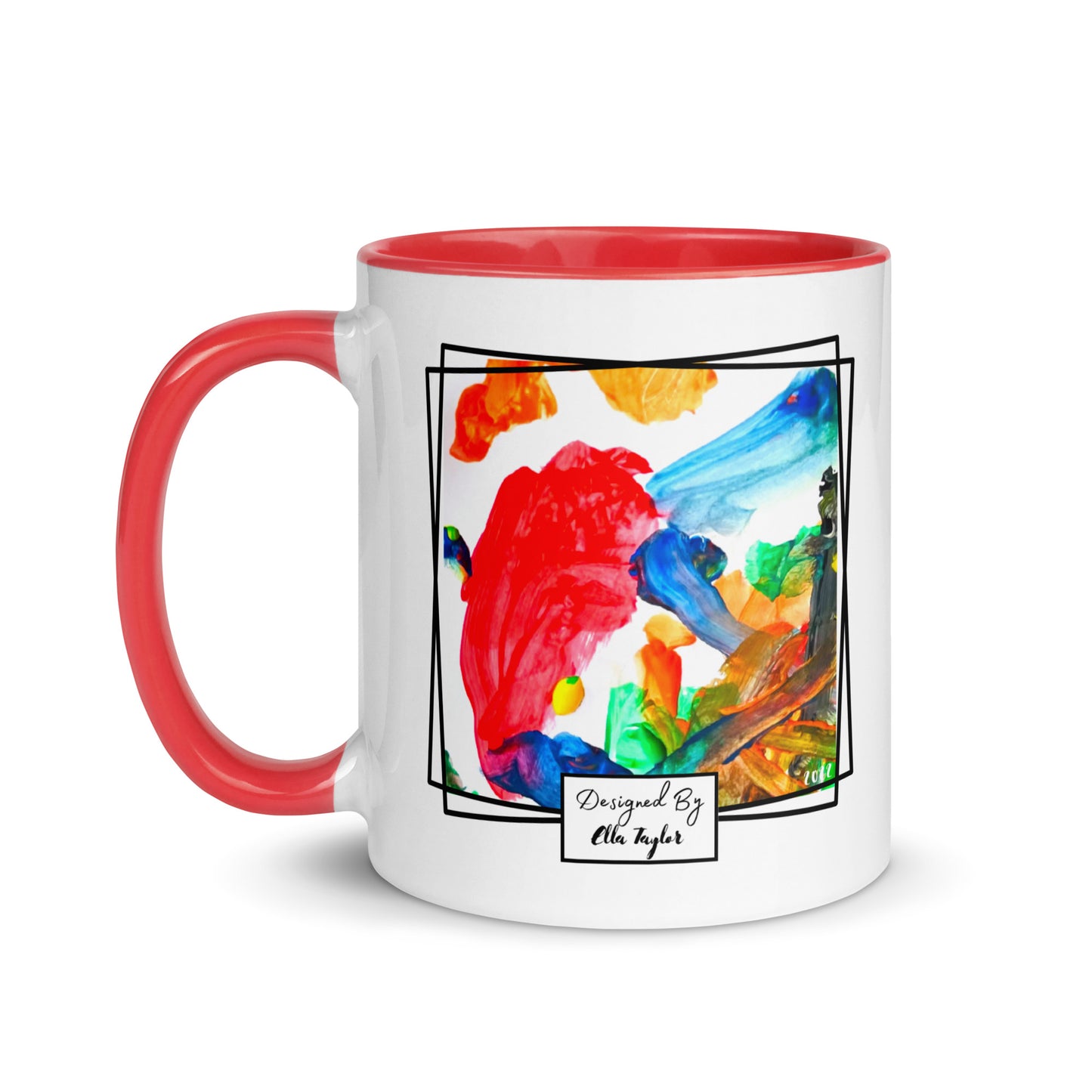 Personalised mug printed with childs artwork, white mug with red handle and red inside