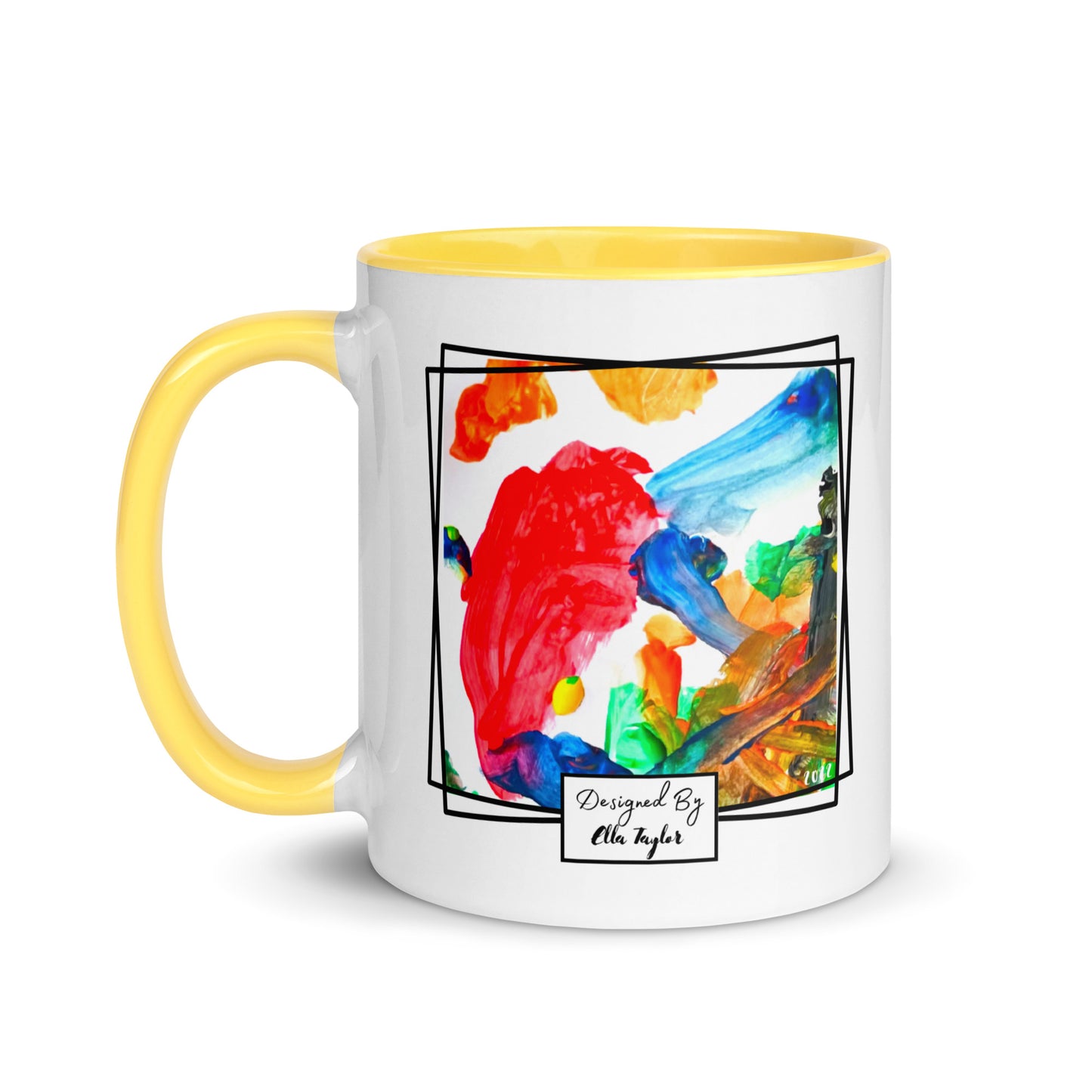 Personalised mug printed with childs artwork, white mug with yellow handle and yellow inside