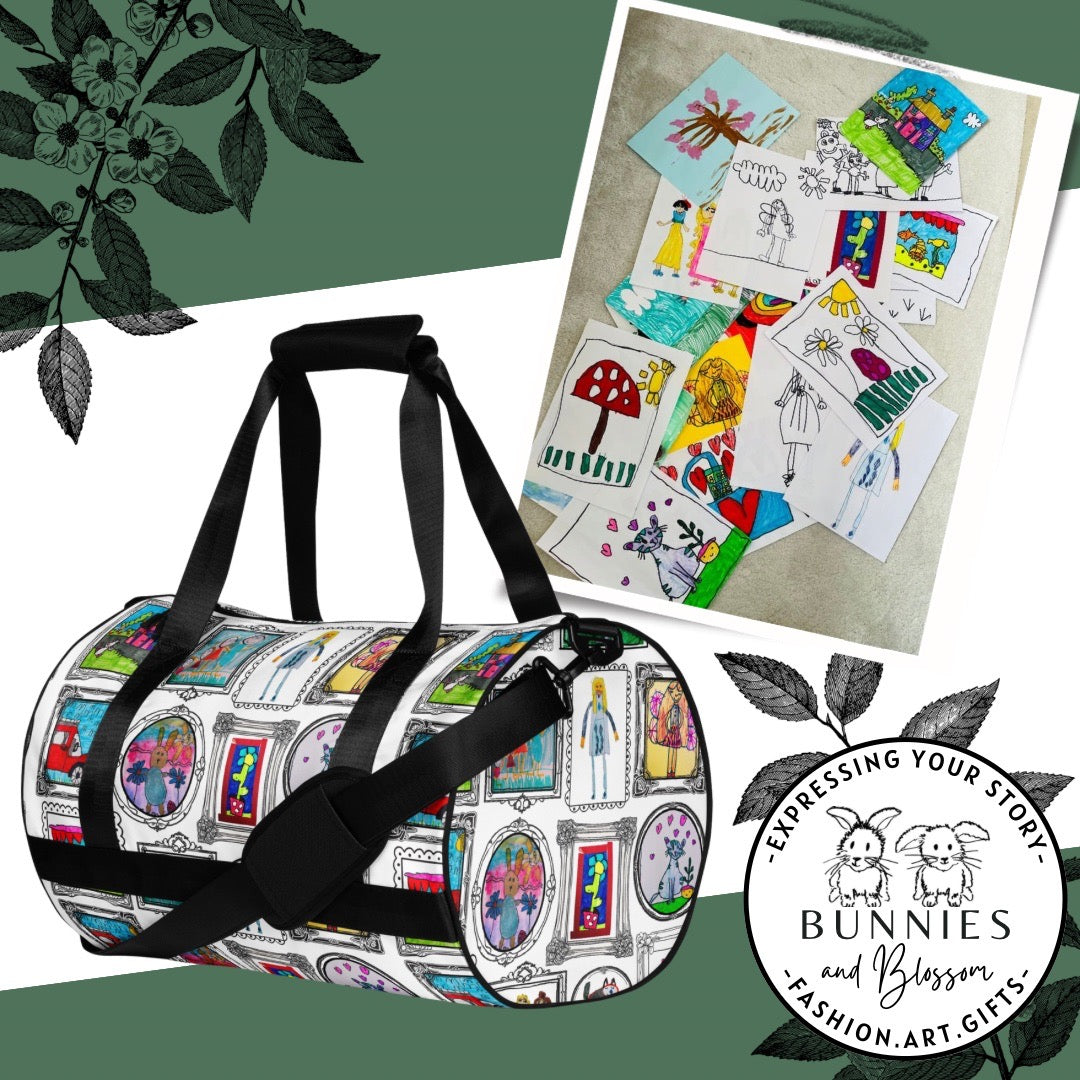 Personalised small duffle bag with child’s artwork, displayed for weekend travel