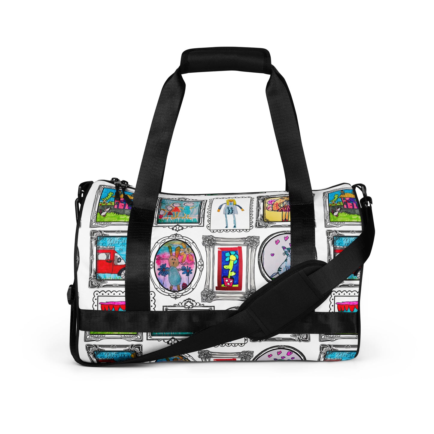 Personalised small weekender bag with child’s drawing, featuring T-piping for stability