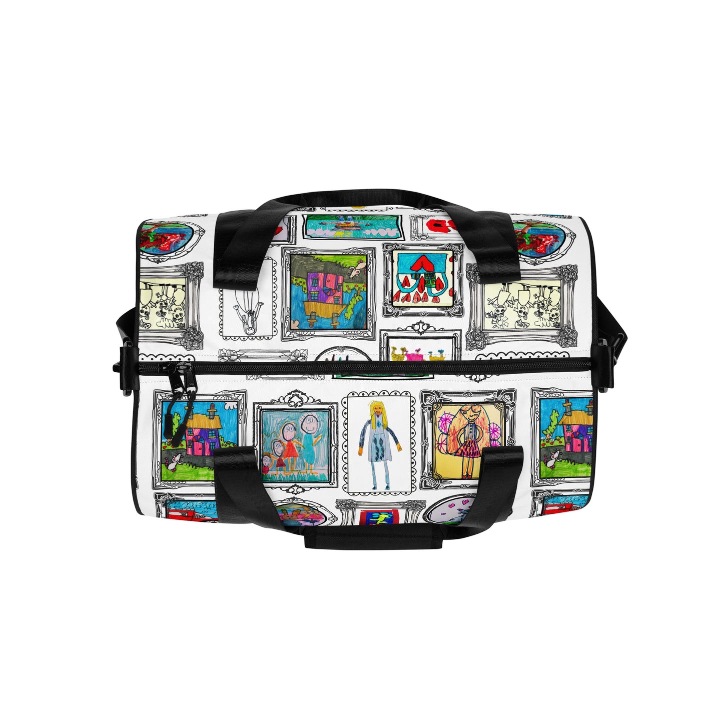Close-up of personalised duffle bag showing child’s vibrant artwork
