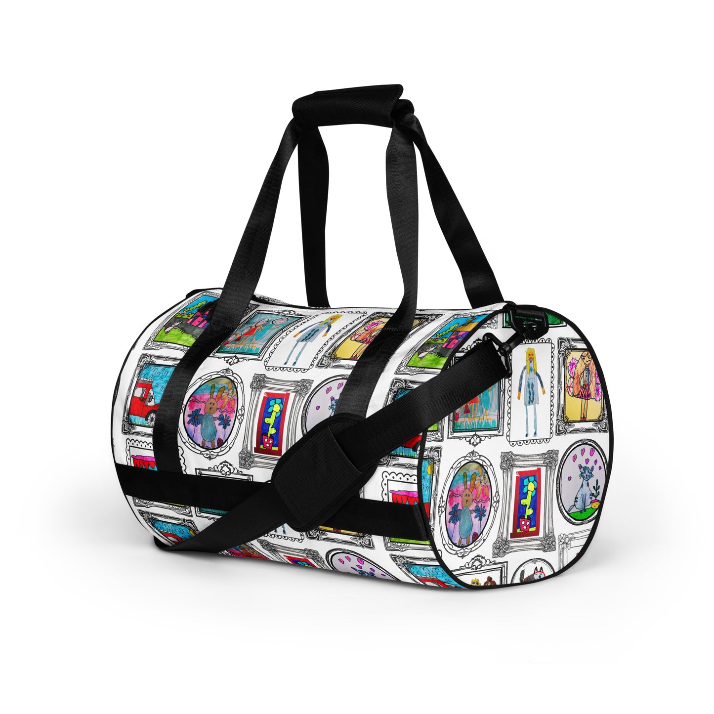 Water-resistant duffle bag showcasing child’s art, perfect for gym or travel