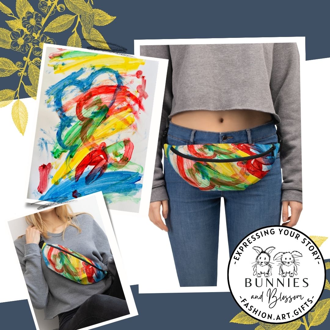 Personalised cross body/waist bag with child’s artwork, perfect for everyday use.
