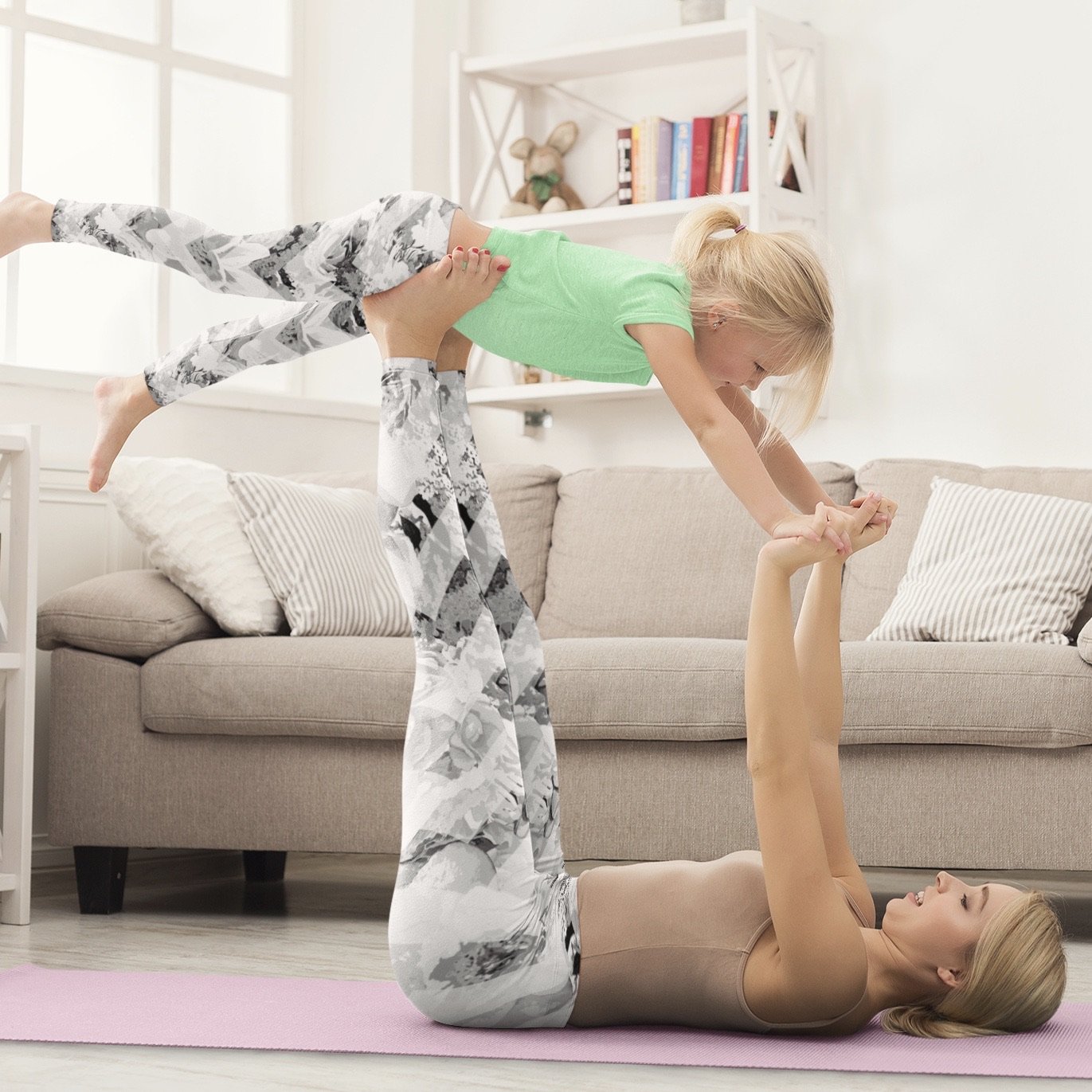 Matching mum and me Lola leggings in a playful floral chevron print, perfect for mum and me yoga sessions