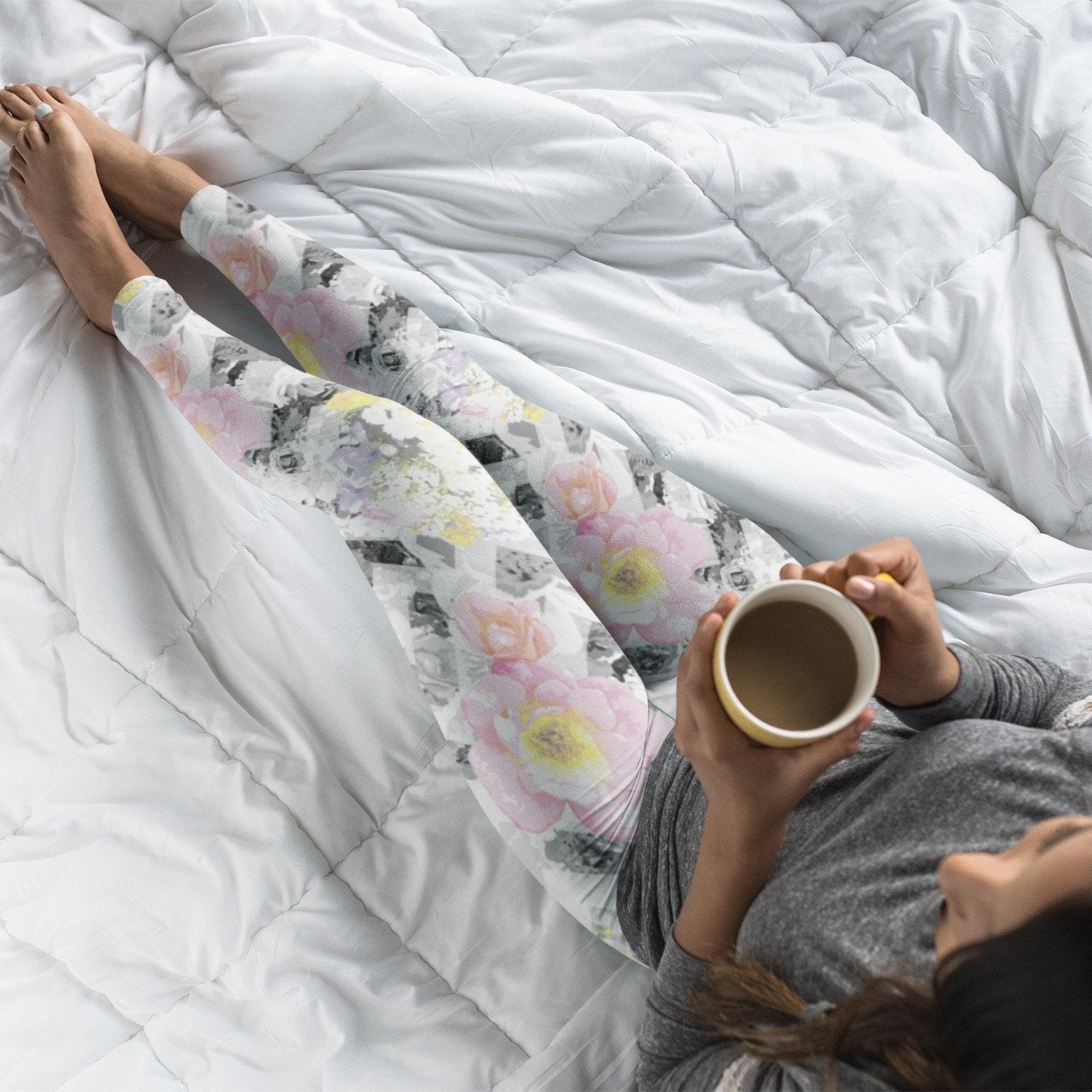 woman lounging in Bunnies and Blossom Delicate Bloom Chevron printed leggings