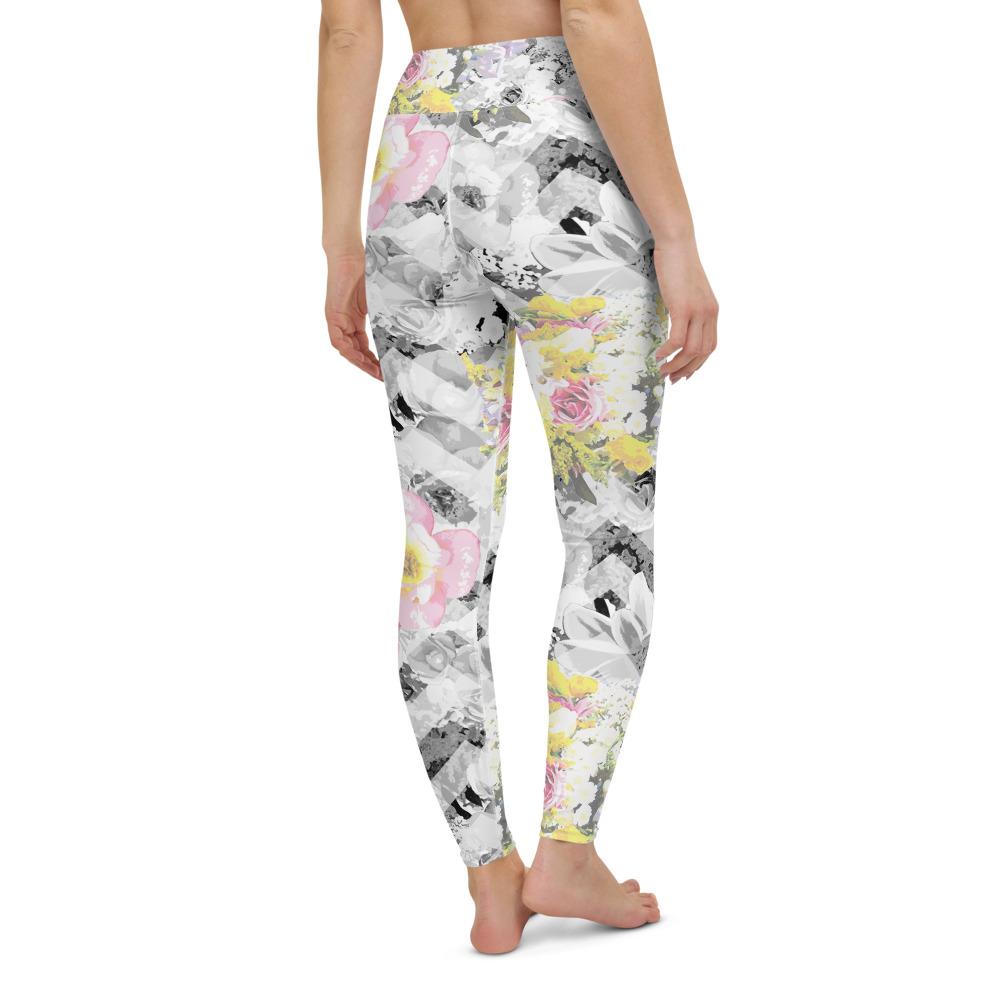 Back view of ladies printed floral leggings in Delicate Bloom Chevron by Bunnies and Blossom