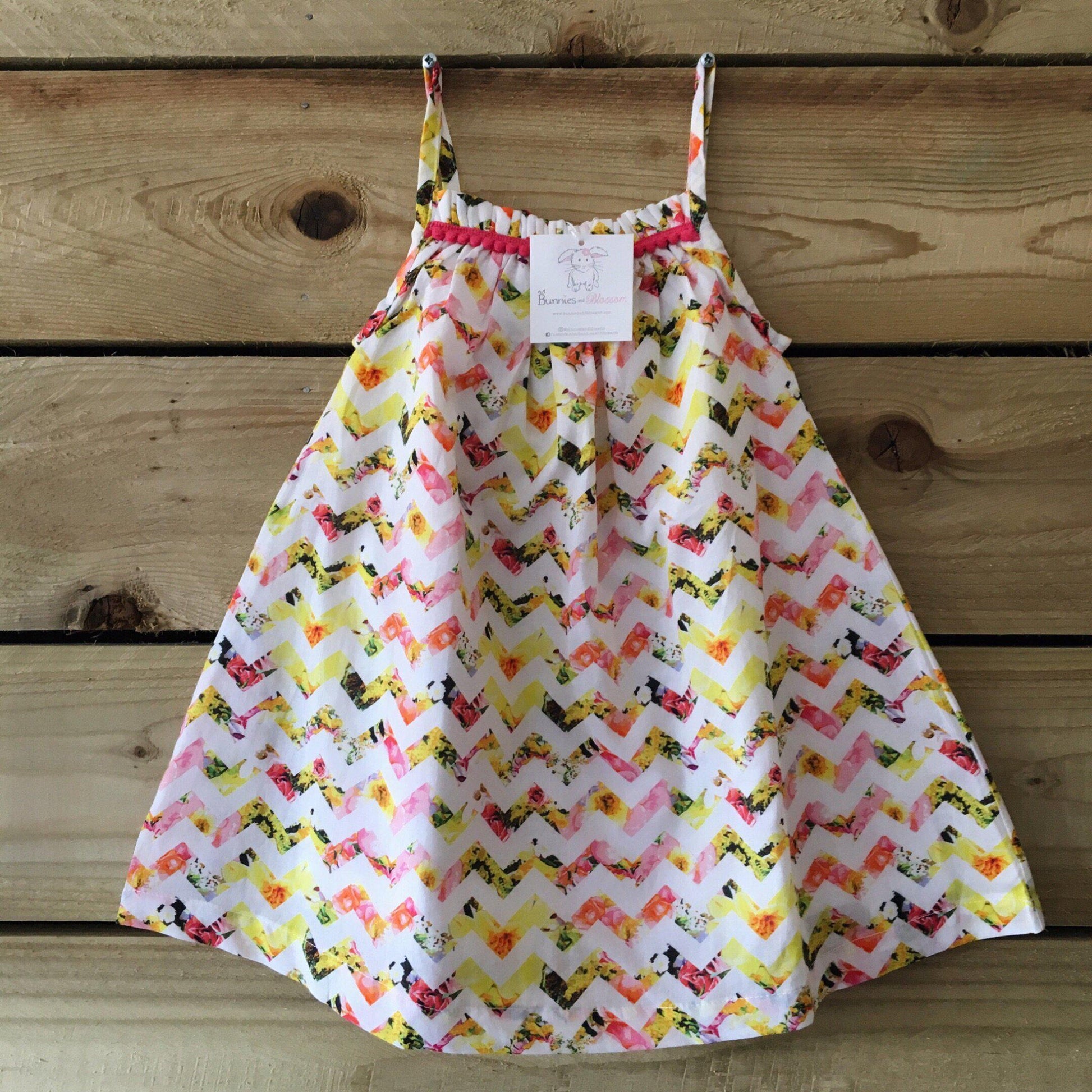 Girl’s Amelia Dress - Perfect Bloom Chevron Print-Girl’s Clothing-Bunnies and Blossom